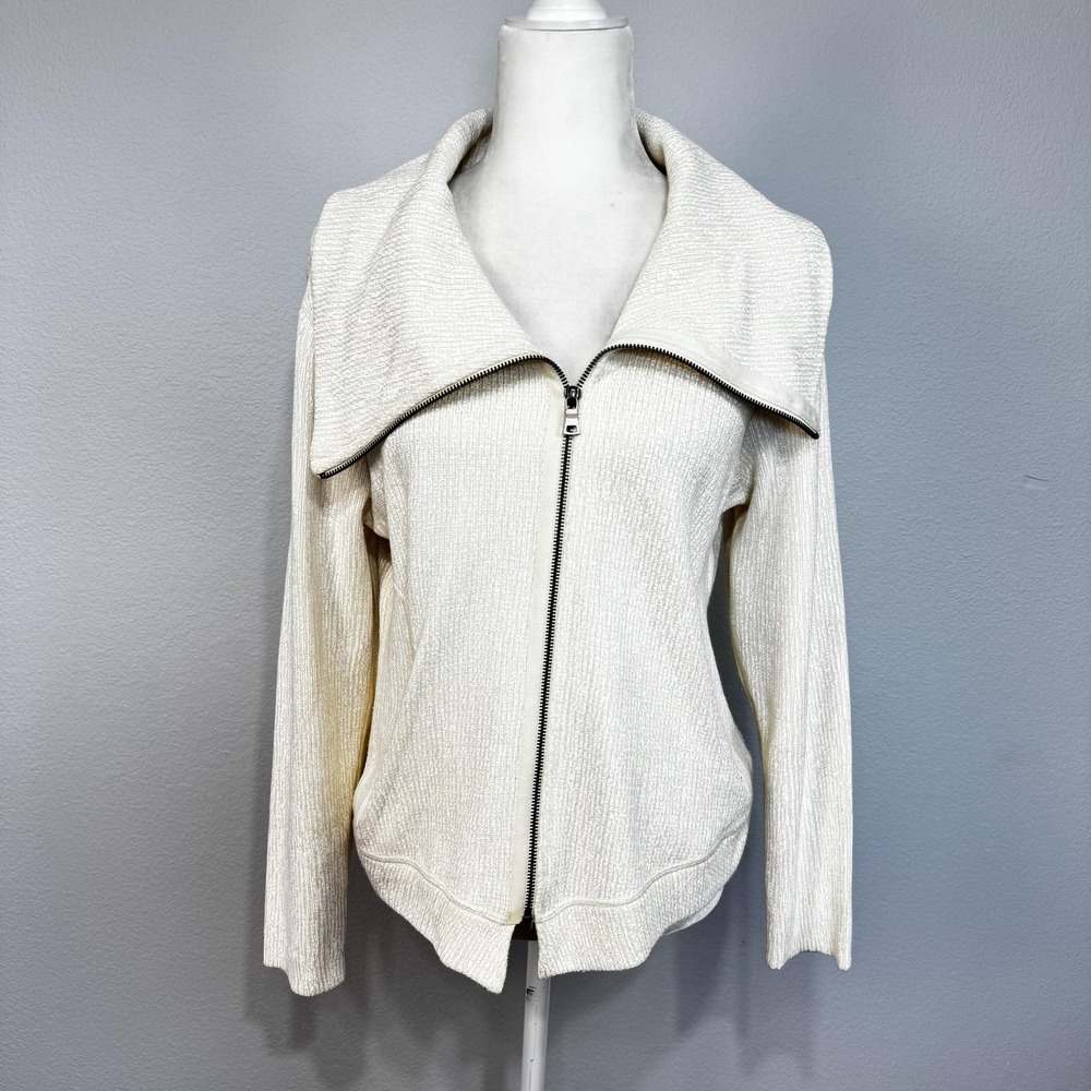 NIC+ZOE‎ Knit Jacket Womens Petite Large Ivory Full Zip Foldover Collar Pockets